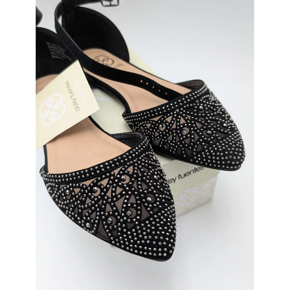 Daisy Fuentes Flats Womens 6 Black Lexi D'Orsay Studded Mesh Pointed Toe Dressy